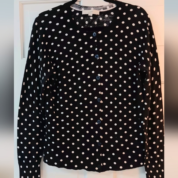 LOFT Navy and White Polka Dot Cardigan - Picture 1 of 4